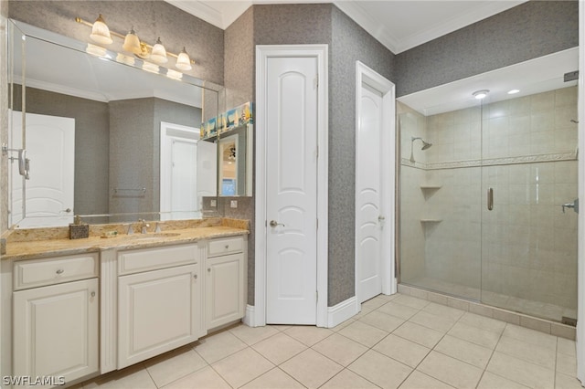 15401 Old Wedgewood Ct, Fort Myers, FL 33908 - bathroom featuring vanity, a shower with shower door, and ornamental molding