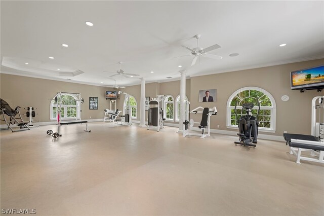 15401 Old Wedgewood Ct, Fort Myers, FL 33908 - exercise room featuring decorative columns, crown molding, and ceiling fan