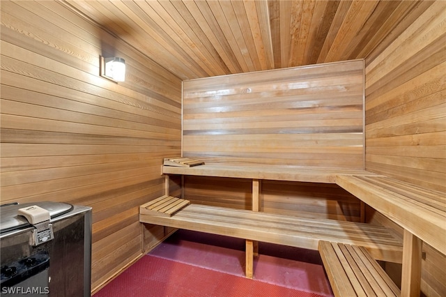 view of sauna with wood ceiling