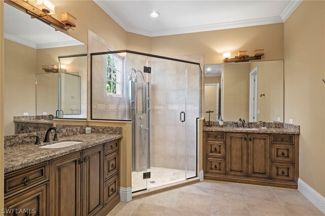 15401 Old Wedgewood Ct, Fort Myers, FL 33908 - bathroom with vanity, a shower with door, and ornamental molding