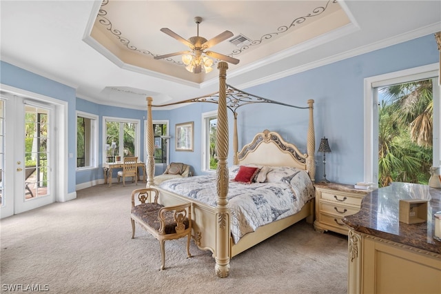 15401 Old Wedgewood Ct, Fort Myers, FL 33908 - carpeted bedroom with french doors, crown molding, access to outside, a tray ceiling, and ceiling fan