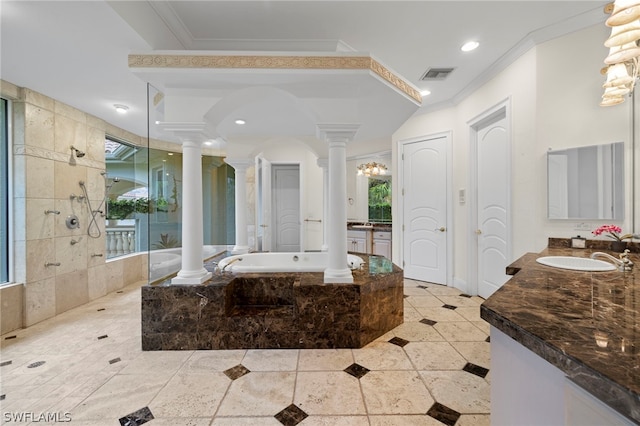 15401 Old Wedgewood Ct, Fort Myers, FL 33908 - bathroom featuring vanity, ornamental molding, decorative columns, and independent shower and bath