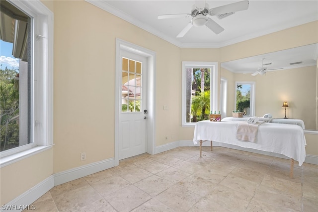 unfurnished bedroom with ceiling fan, light tile floors, and crown molding