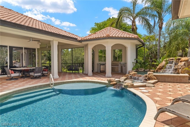 15401 Old Wedgewood Ct, Fort Myers, FL 33908 - view of swimming pool featuring area for grilling, a patio, and ceiling fan