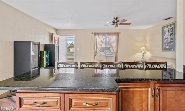 kitchen featuring dark stone countertops and ceiling fan