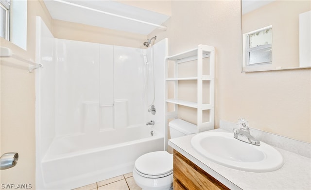 full bathroom featuring tile floors, shower / bath combination, toilet, and large vanity