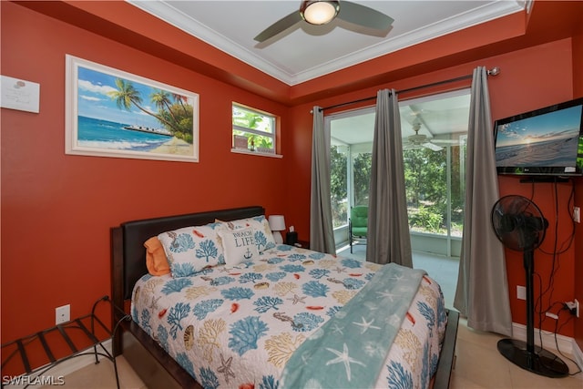 bedroom featuring tile flooring, ornamental molding, ceiling fan, and multiple windows