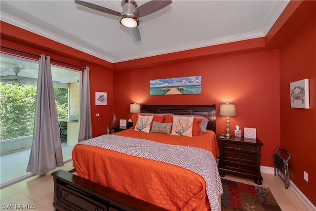 bedroom with tile flooring, ceiling fan, access to exterior, and crown molding