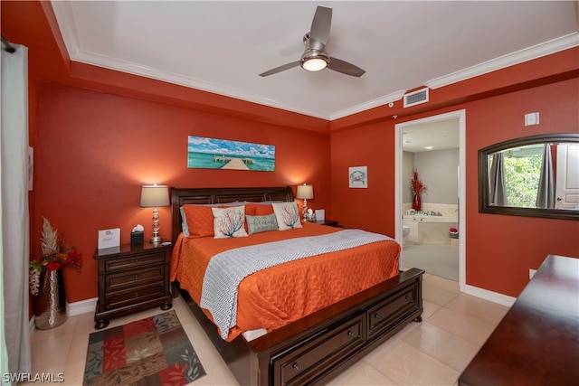 tiled bedroom with ceiling fan, ensuite bathroom, and ornamental molding