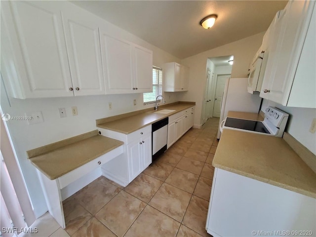 466 Redwing St, Lehigh Acres, FL 33974 - kitchen with white appliances, a sink, lofted ceiling, white cabinetry, and light countertops