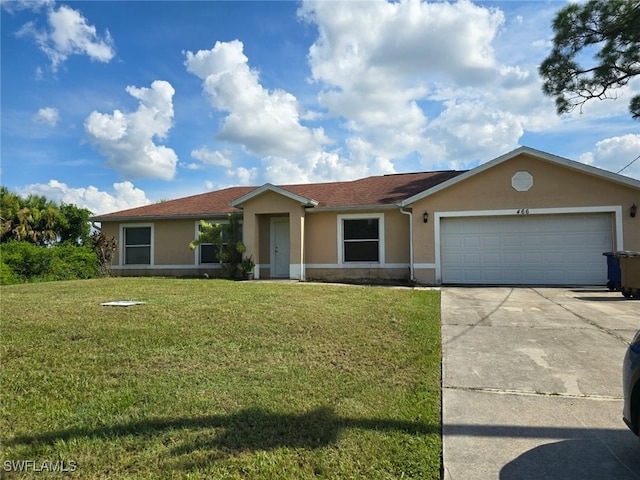 466 Redwing St, Lehigh Acres, FL 33974 - single story home with stucco siding, a front lawn, a garage, and driveway
