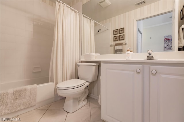 full bathroom featuring shower / bathtub combination with curtain, ornamental molding, tile floors, vanity, and toilet