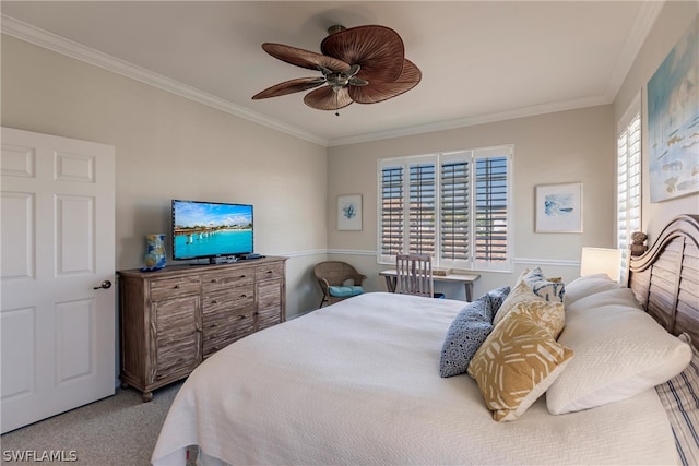 bedroom featuring carpet flooring, ceiling fan, crown molding, and multiple windows