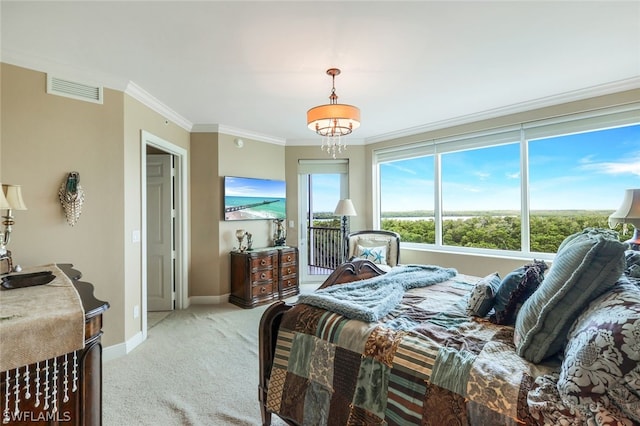 bedroom featuring ornamental molding and light carpet