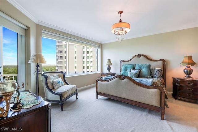 bedroom featuring an inviting chandelier, light carpet, and ornamental molding