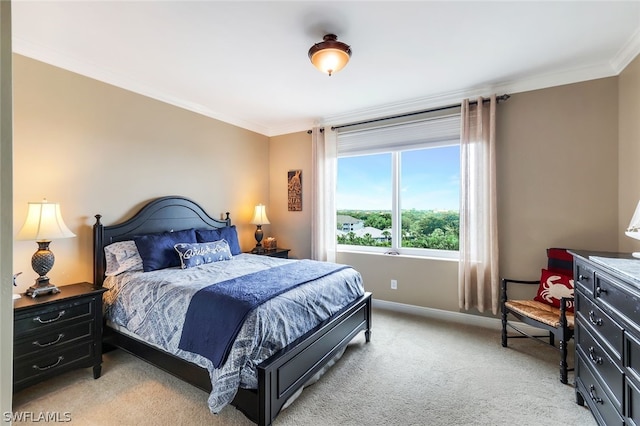 bedroom featuring light colored carpet and crown molding