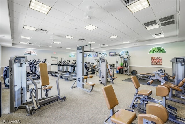 gym with a paneled ceiling and ceiling fan