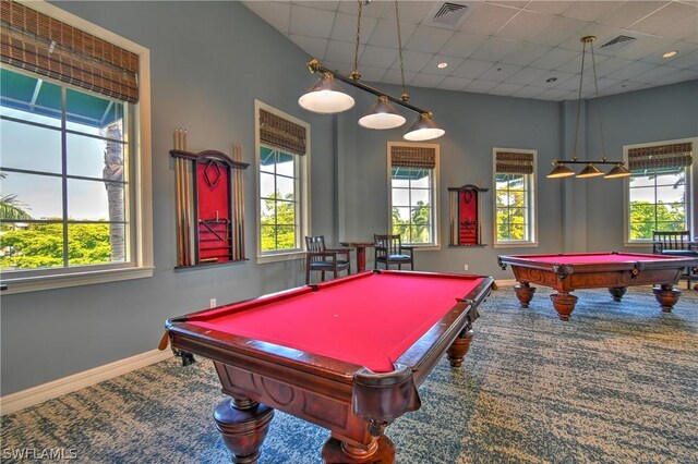 recreation room with carpet floors, a drop ceiling, and billiards