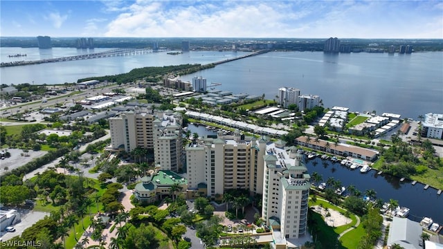 aerial view featuring a city view and a water view