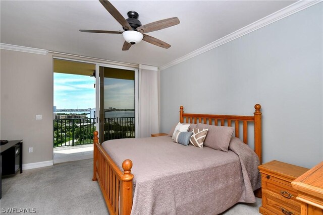 bedroom featuring ornamental molding, access to outside, ceiling fan, and light colored carpet