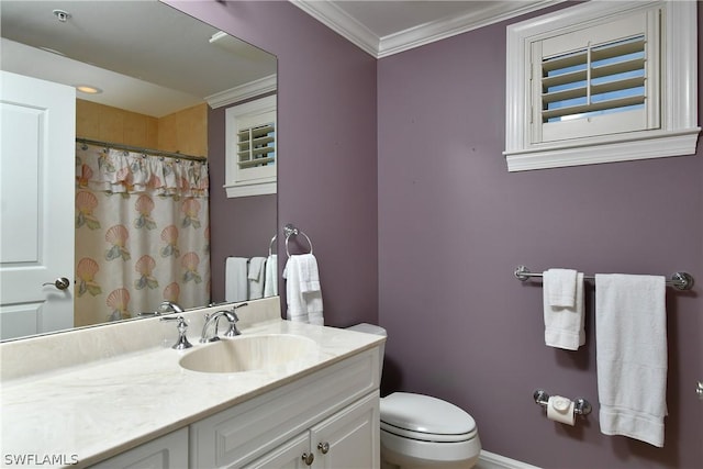 full bath with curtained shower, toilet, ornamental molding, and vanity