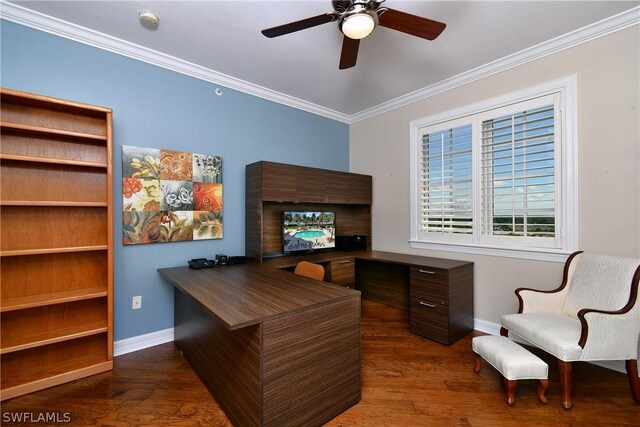 home office featuring ceiling fan, ornamental molding, and dark wood-type flooring