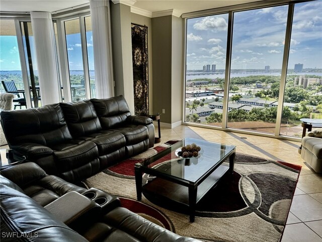 living room with crown molding, light tile patterned floors, a healthy amount of sunlight, and a wall of windows