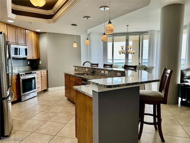 kitchen with a breakfast bar, a tray ceiling, ornamental molding, stainless steel appliances, and a sink