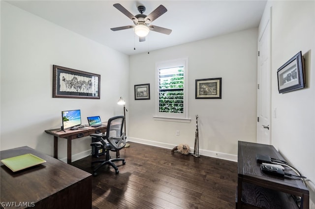 home office featuring dark hardwood / wood-style flooring and ceiling fan