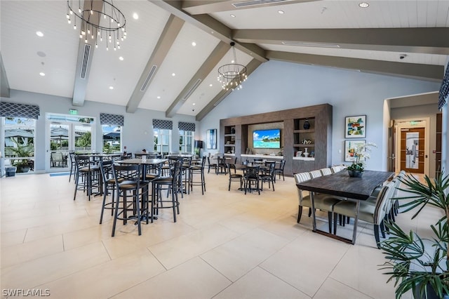 dining space featuring high vaulted ceiling, beamed ceiling, a chandelier, and light tile patterned floors