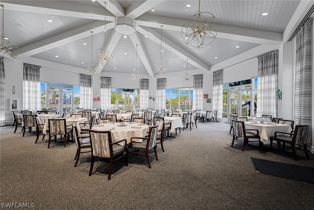 carpeted dining space featuring wood ceiling, beamed ceiling, high vaulted ceiling, and a chandelier