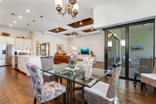 dining area featuring sink, coffered ceiling, dark wood-type flooring, beamed ceiling, and ceiling fan with notable chandelier