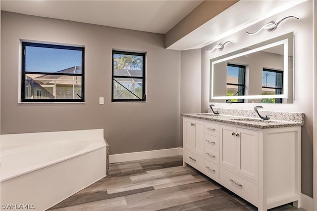 bathroom featuring a tub to relax in, vanity, and hardwood / wood-style floors