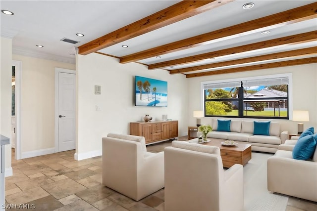 living room featuring beamed ceiling