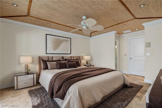 bedroom with ceiling fan, wooden ceiling, and ornamental molding