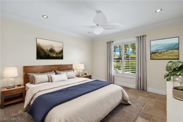 bedroom with ceiling fan and ornamental molding