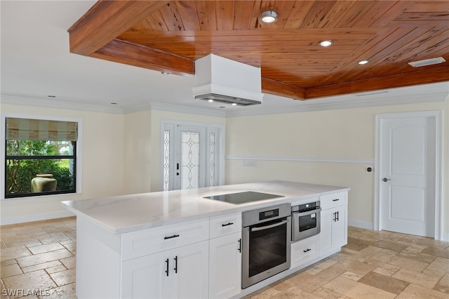 kitchen featuring a kitchen island with sink, black electric stovetop, oven, and wood ceiling