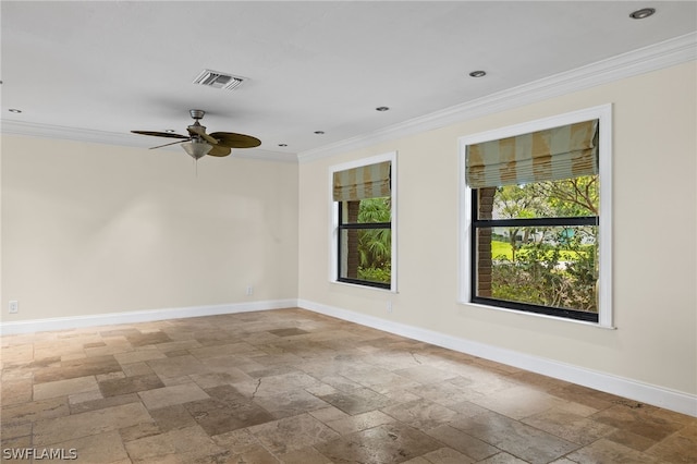 spare room with ceiling fan and ornamental molding