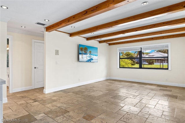 unfurnished room with beamed ceiling and ornamental molding