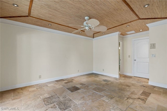 empty room featuring ceiling fan, crown molding, and wood ceiling