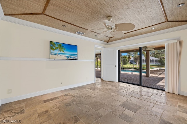 unfurnished room with ceiling fan, wooden ceiling, and ornamental molding