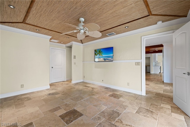 empty room featuring ceiling fan, wood ceiling, and ornamental molding