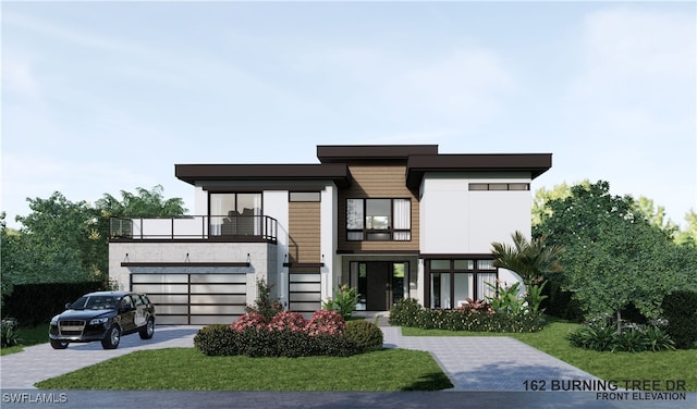 contemporary house featuring a garage, a balcony, and a front lawn