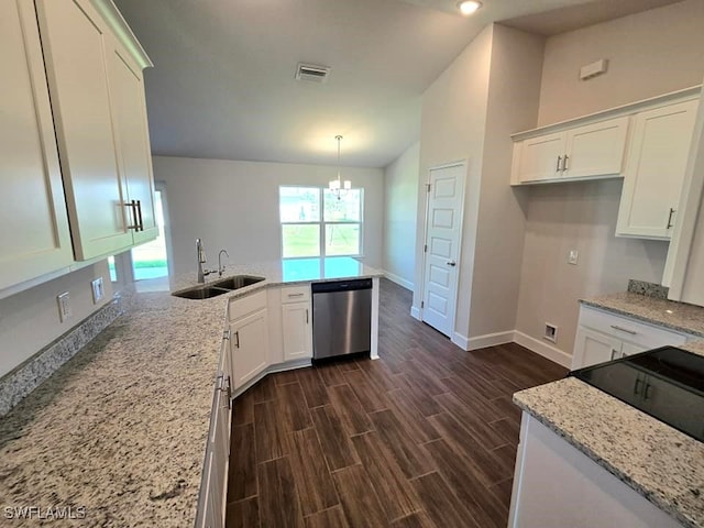 kitchen with dishwasher, dark wood-type flooring, sink, vaulted ceiling, and white cabinets