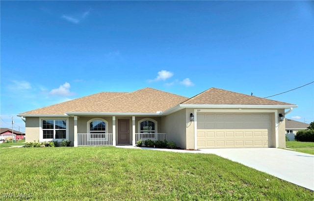 single story home with a garage and a front lawn