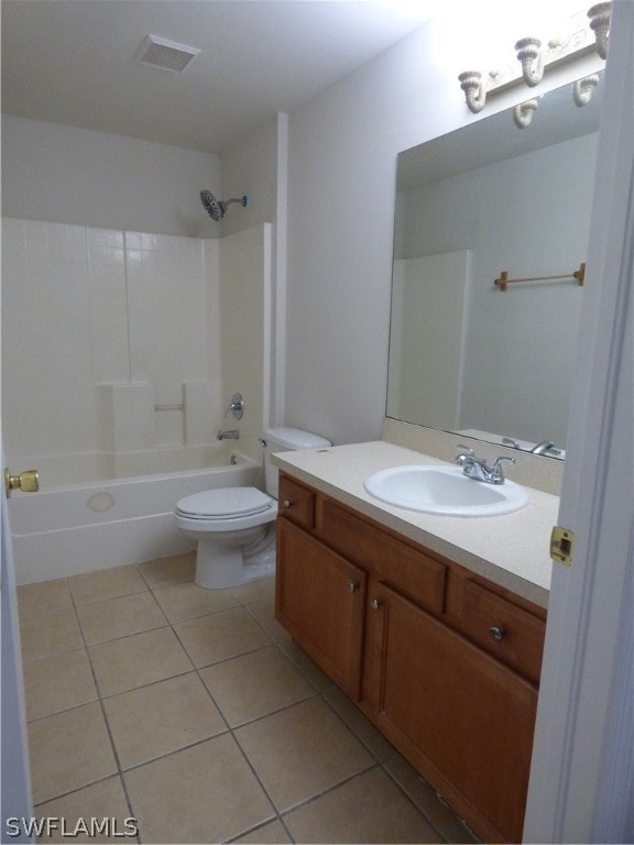 full bathroom with tile floors, shower / bathing tub combination, toilet, and large vanity