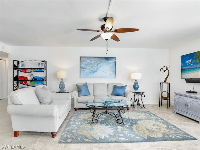 living room featuring ceiling fan