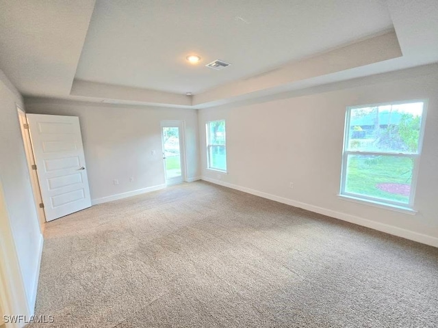 carpeted empty room with a raised ceiling