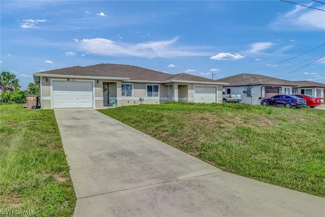 ranch-style home with a garage and a front lawn