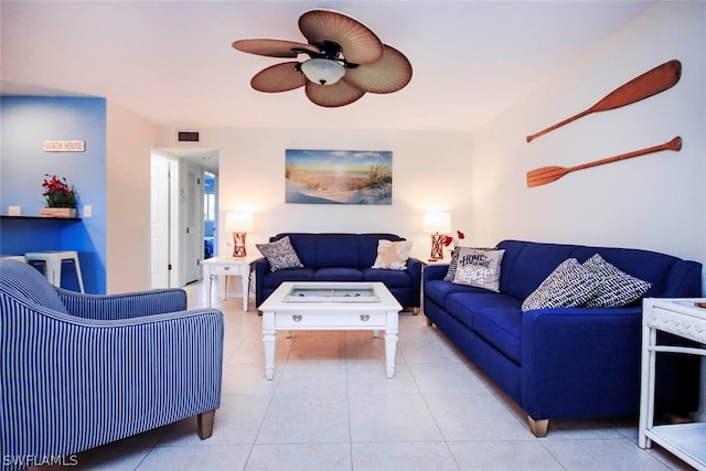 living room with tile flooring and ceiling fan